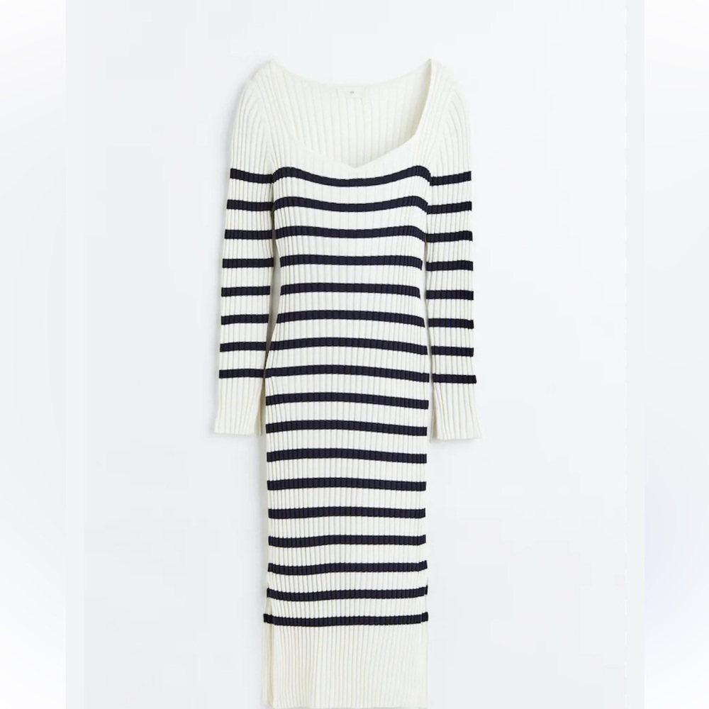 NWT H&M White and Black Striped Ribbed Long Sleeve Midi Dress